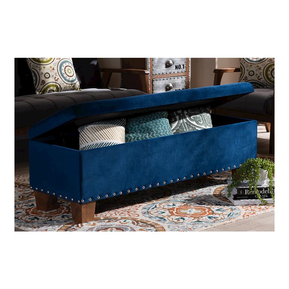 Navy Blue Velvet Fabric Upholstered Button-Tufted Storage Ottoman Bench. Picture 9