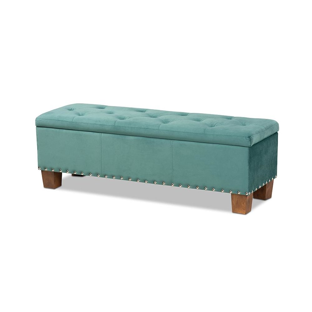 Teal Blue Velvet Fabric Upholstered Button-Tufted Storage Ottoman Bench. Picture 1