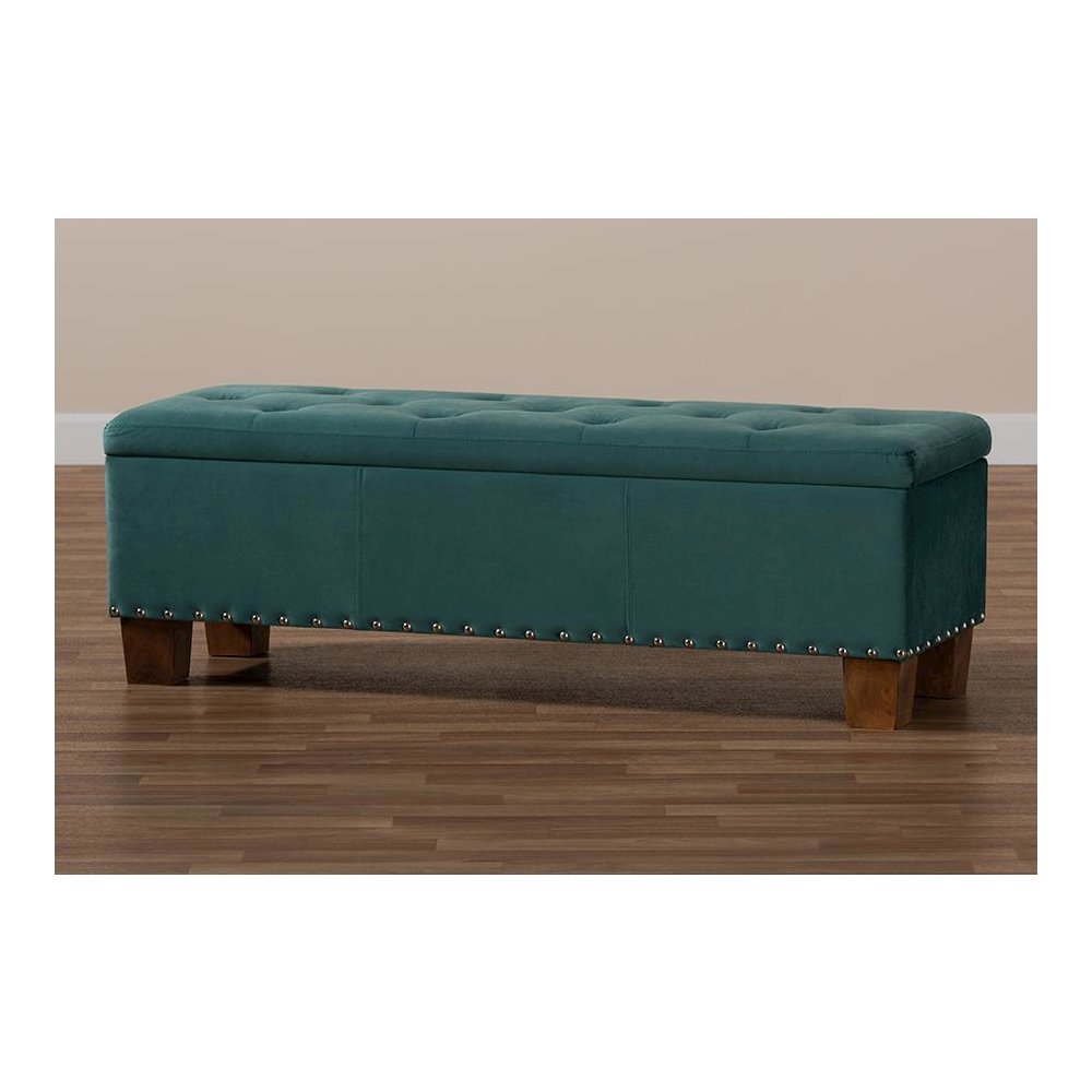 Teal Blue Velvet Fabric Upholstered Button-Tufted Storage Ottoman Bench. Picture 10
