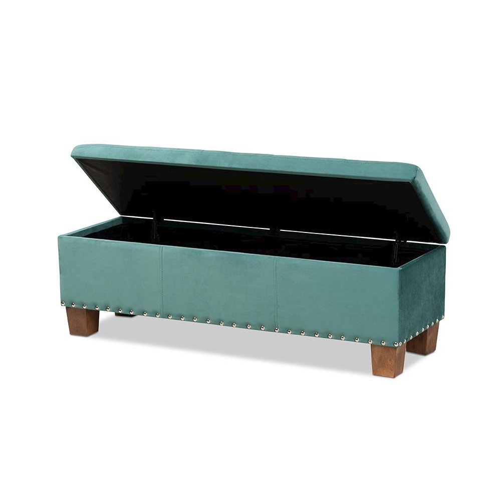 Teal Blue Velvet Fabric Upholstered Button-Tufted Storage Ottoman Bench. Picture 2