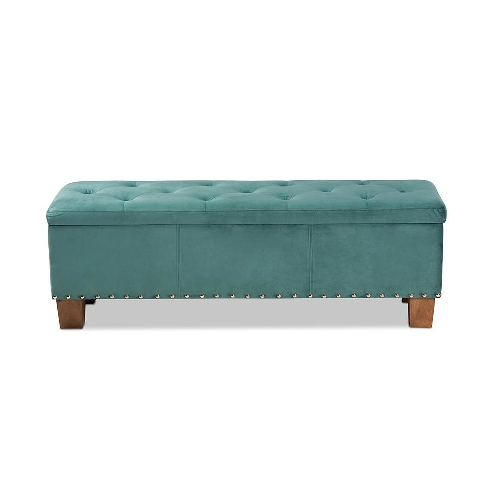 Teal Blue Velvet Fabric Upholstered Button-Tufted Storage Ottoman Bench. Picture 3