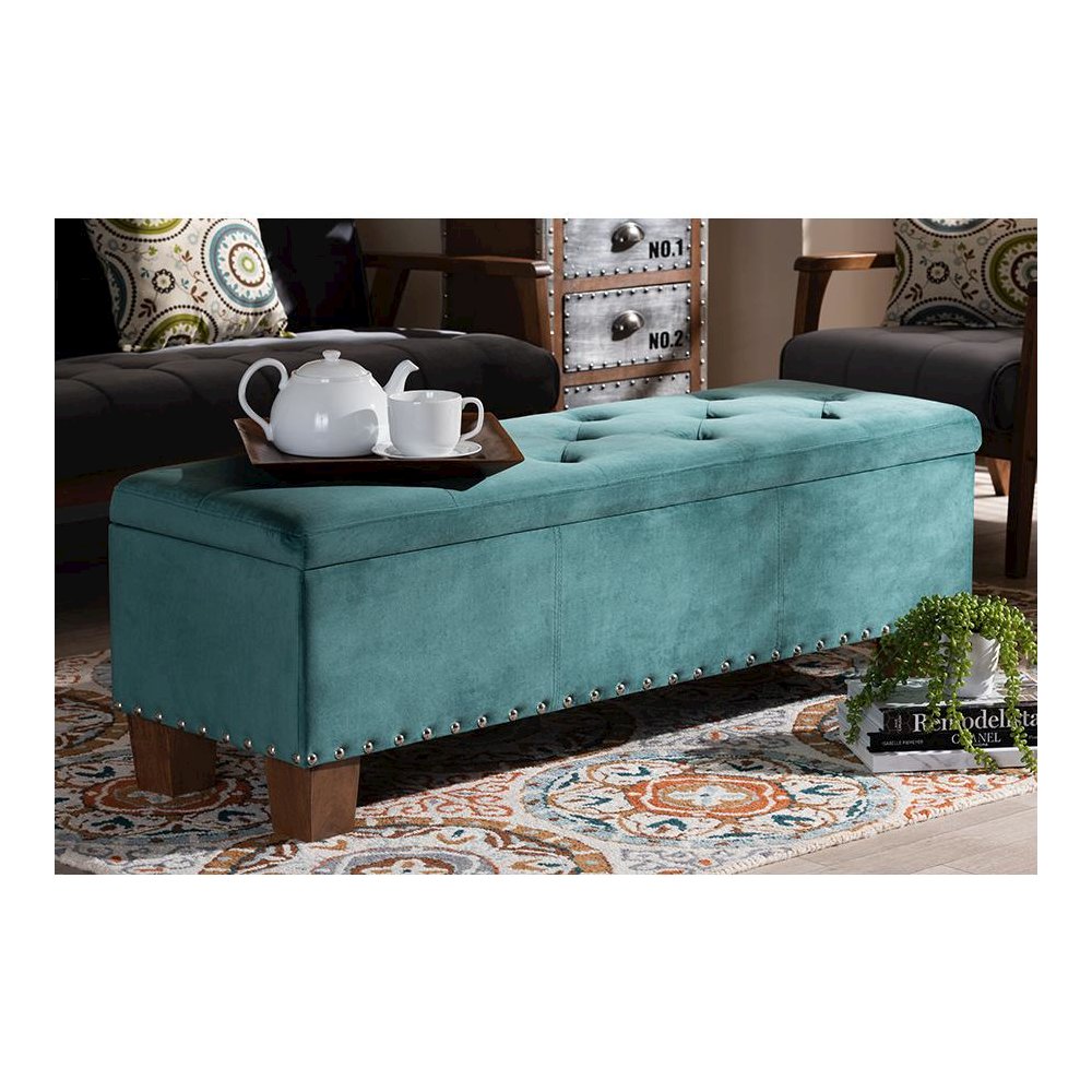 Teal Blue Velvet Fabric Upholstered Button-Tufted Storage Ottoman Bench. Picture 8