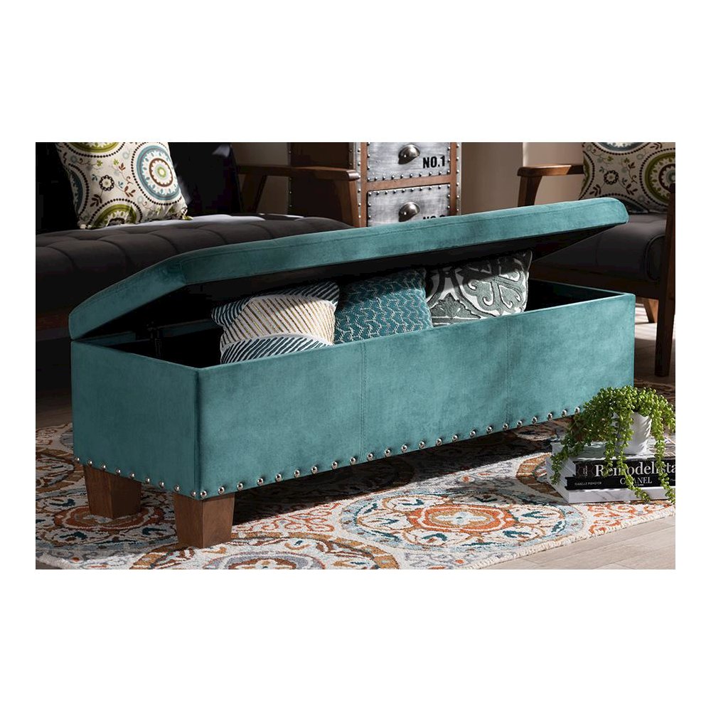 Teal Blue Velvet Fabric Upholstered Button-Tufted Storage Ottoman Bench. Picture 9