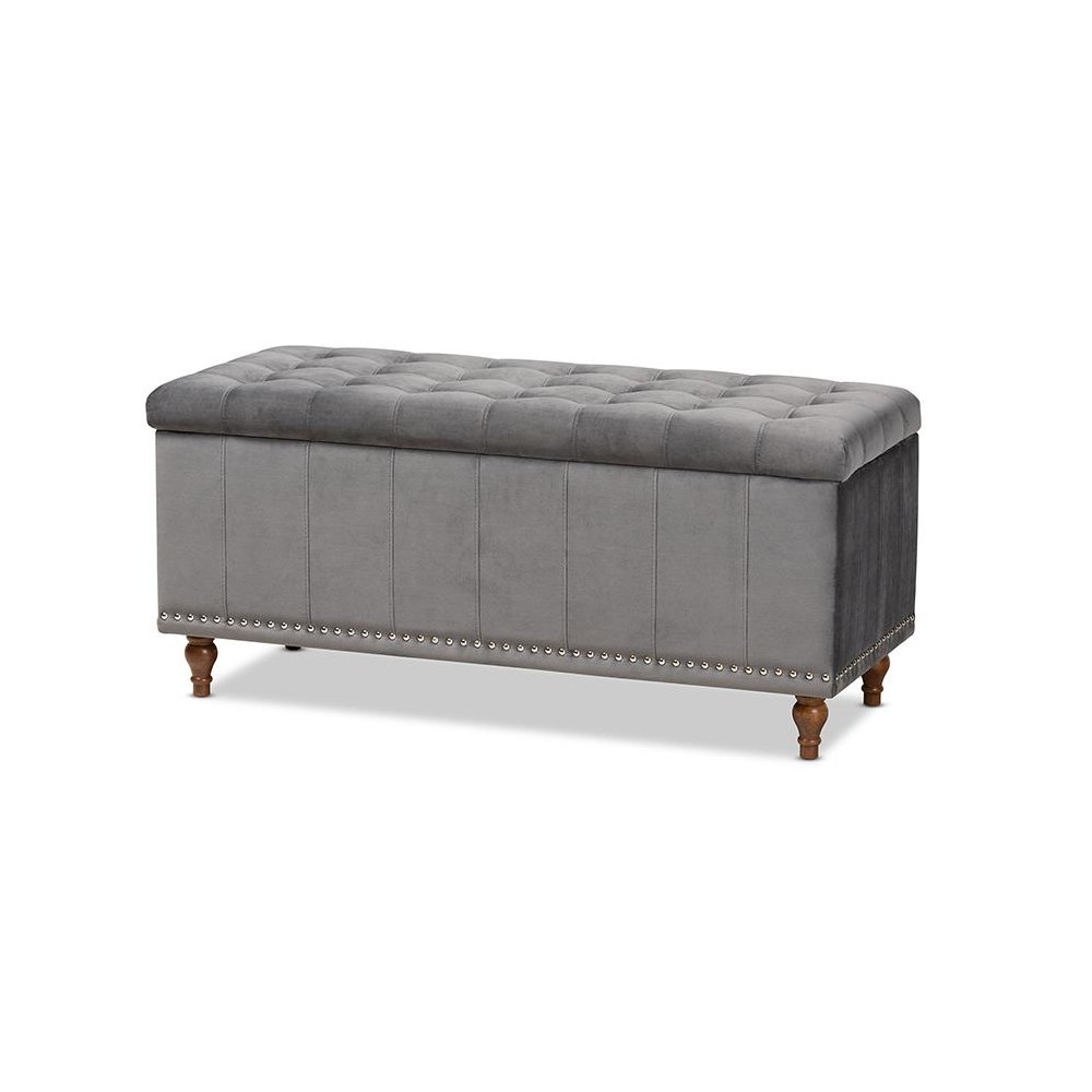 Grey Velvet Fabric Upholstered Button-Tufted Storage Ottoman Bench. Picture 1