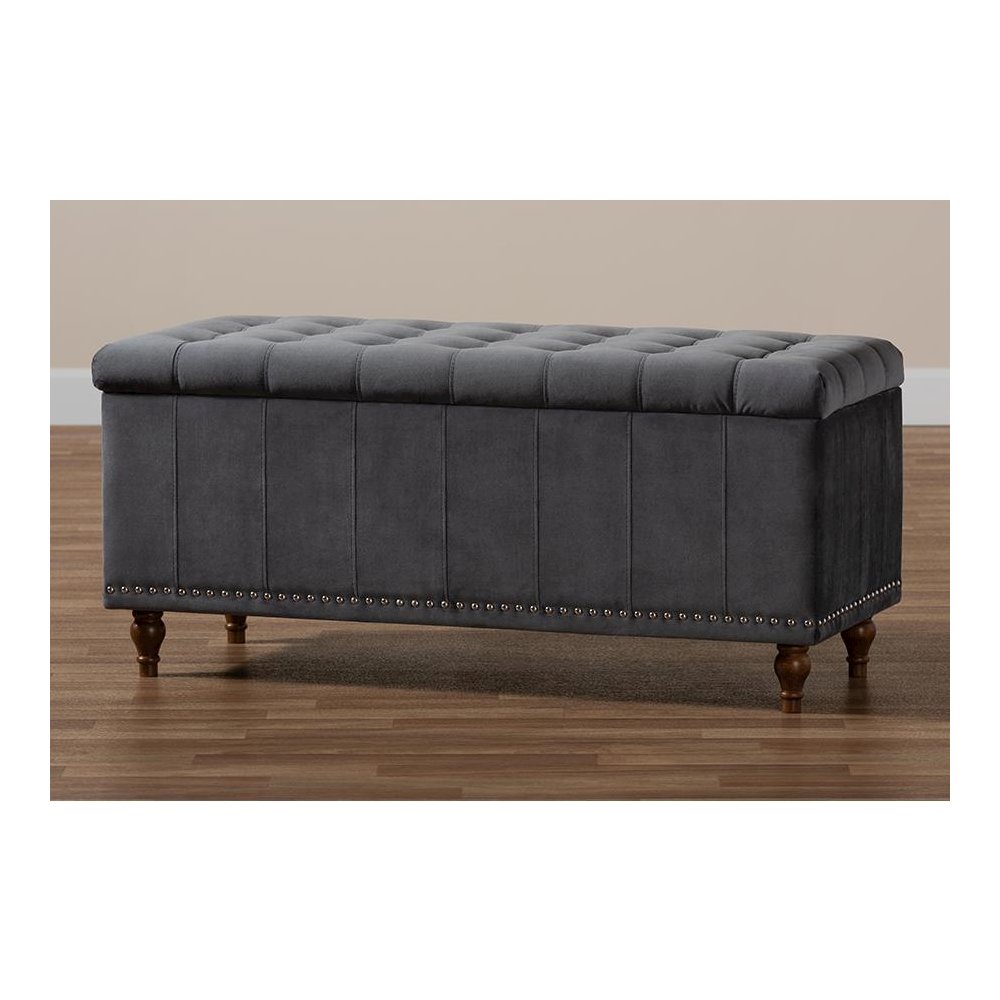 Grey Velvet Fabric Upholstered Button-Tufted Storage Ottoman Bench. Picture 10