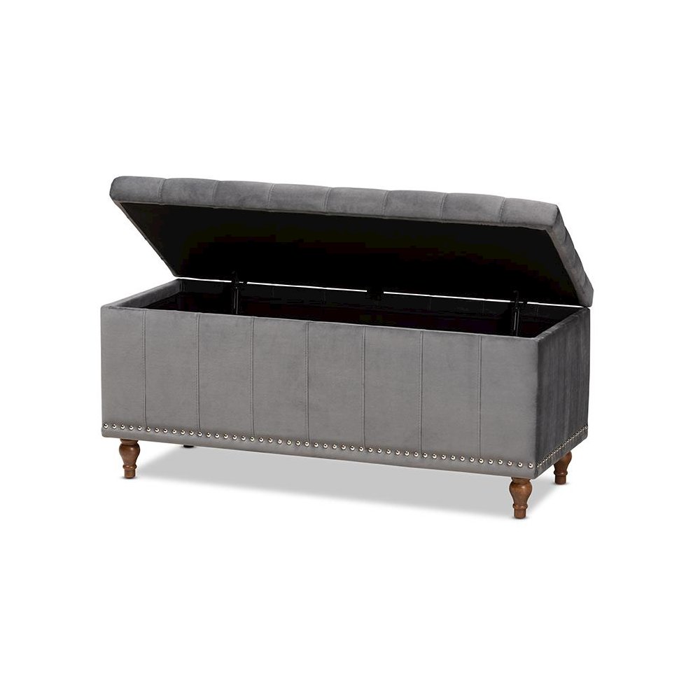 Grey Velvet Fabric Upholstered Button-Tufted Storage Ottoman Bench. Picture 2