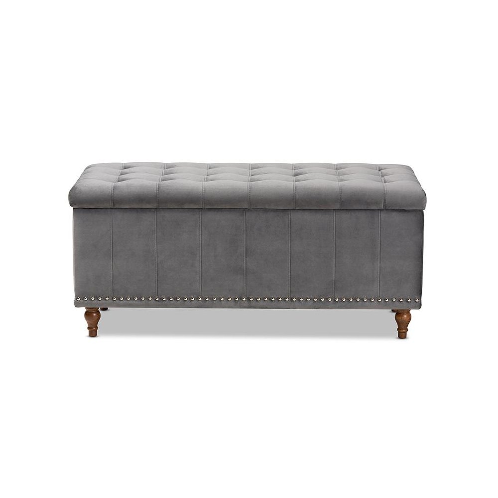 Grey Velvet Fabric Upholstered Button-Tufted Storage Ottoman Bench. Picture 3