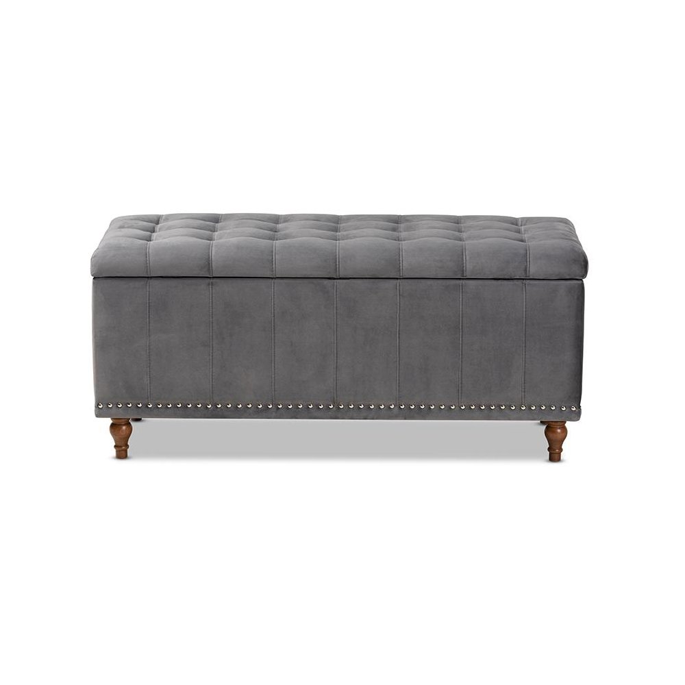 Grey Velvet Fabric Upholstered Button-Tufted Storage Ottoman Bench. Picture 5