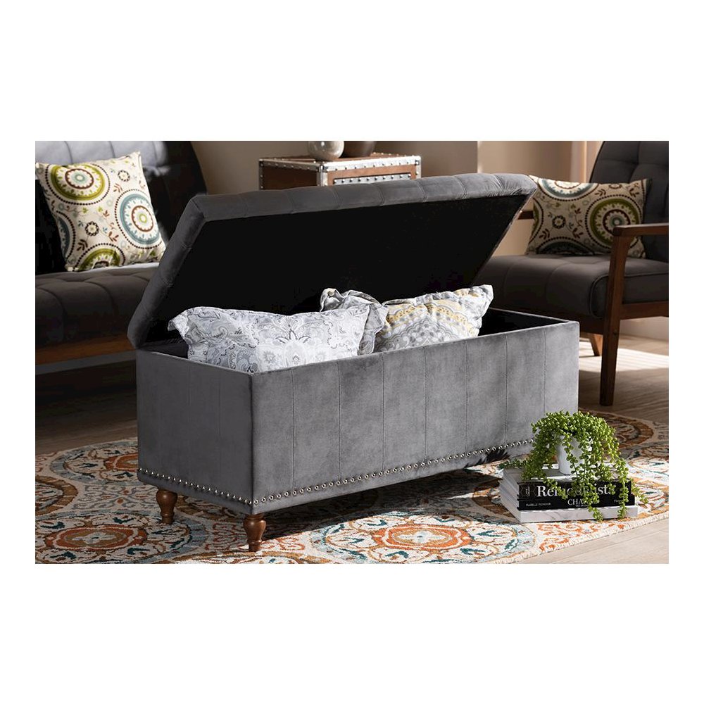 Grey Velvet Fabric Upholstered Button-Tufted Storage Ottoman Bench. Picture 9