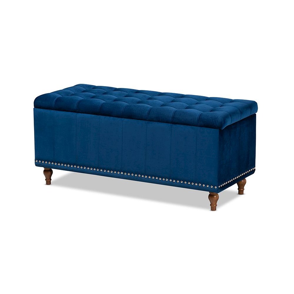 Navy Blue Velvet Fabric Upholstered Button-Tufted Storage Ottoman Bench. Picture 1