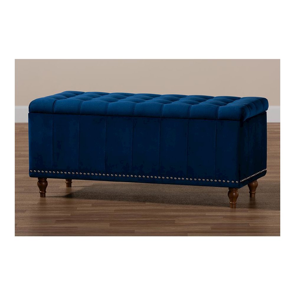 Navy Blue Velvet Fabric Upholstered Button-Tufted Storage Ottoman Bench. Picture 10