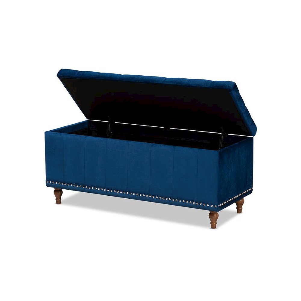 Navy Blue Velvet Fabric Upholstered Button-Tufted Storage Ottoman Bench. Picture 2