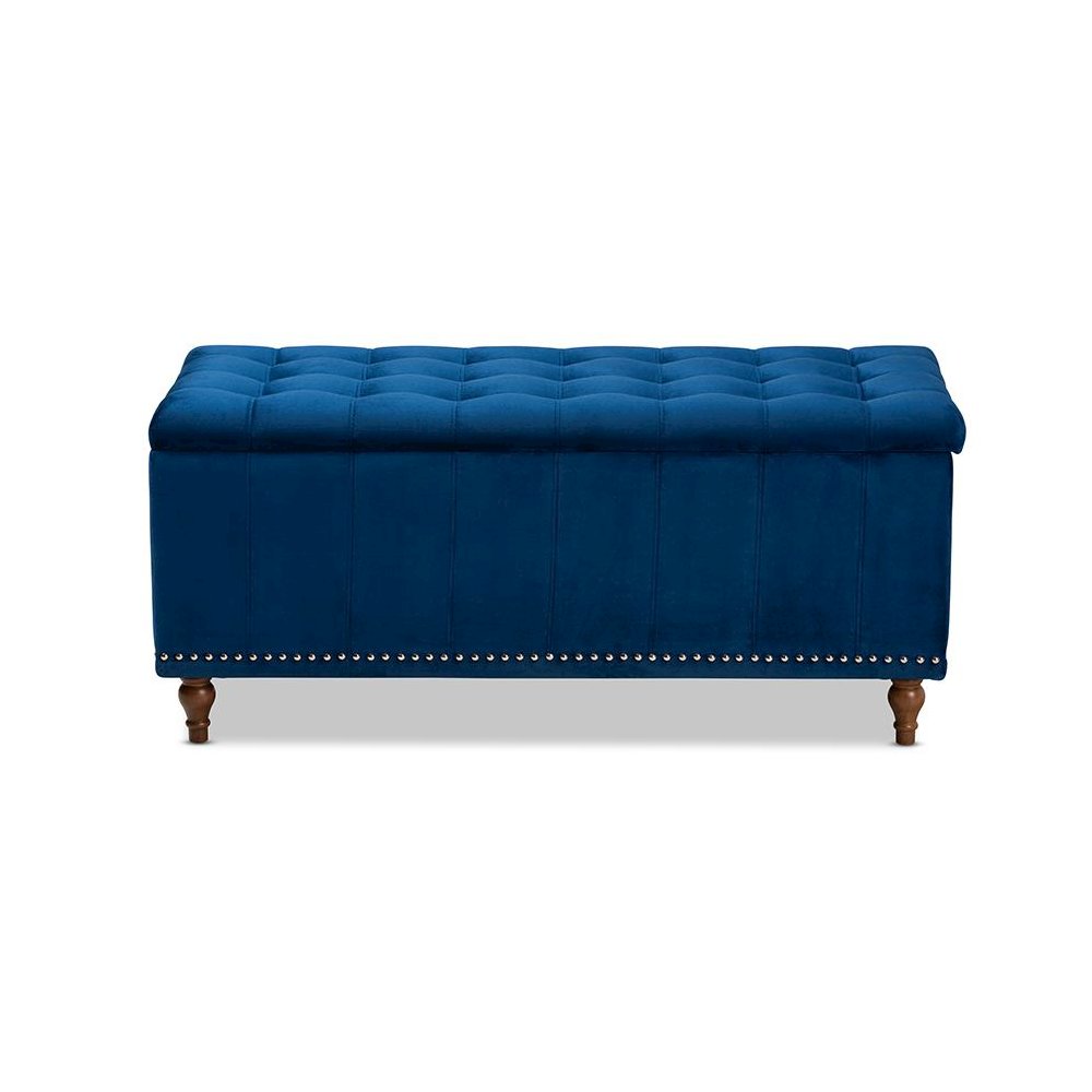 Navy Blue Velvet Fabric Upholstered Button-Tufted Storage Ottoman Bench. Picture 3