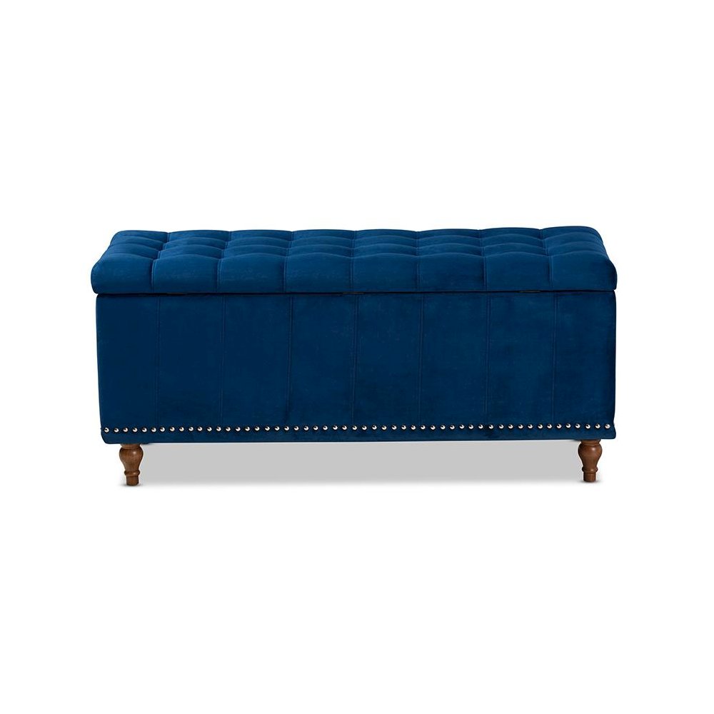Navy Blue Velvet Fabric Upholstered Button-Tufted Storage Ottoman Bench. Picture 5