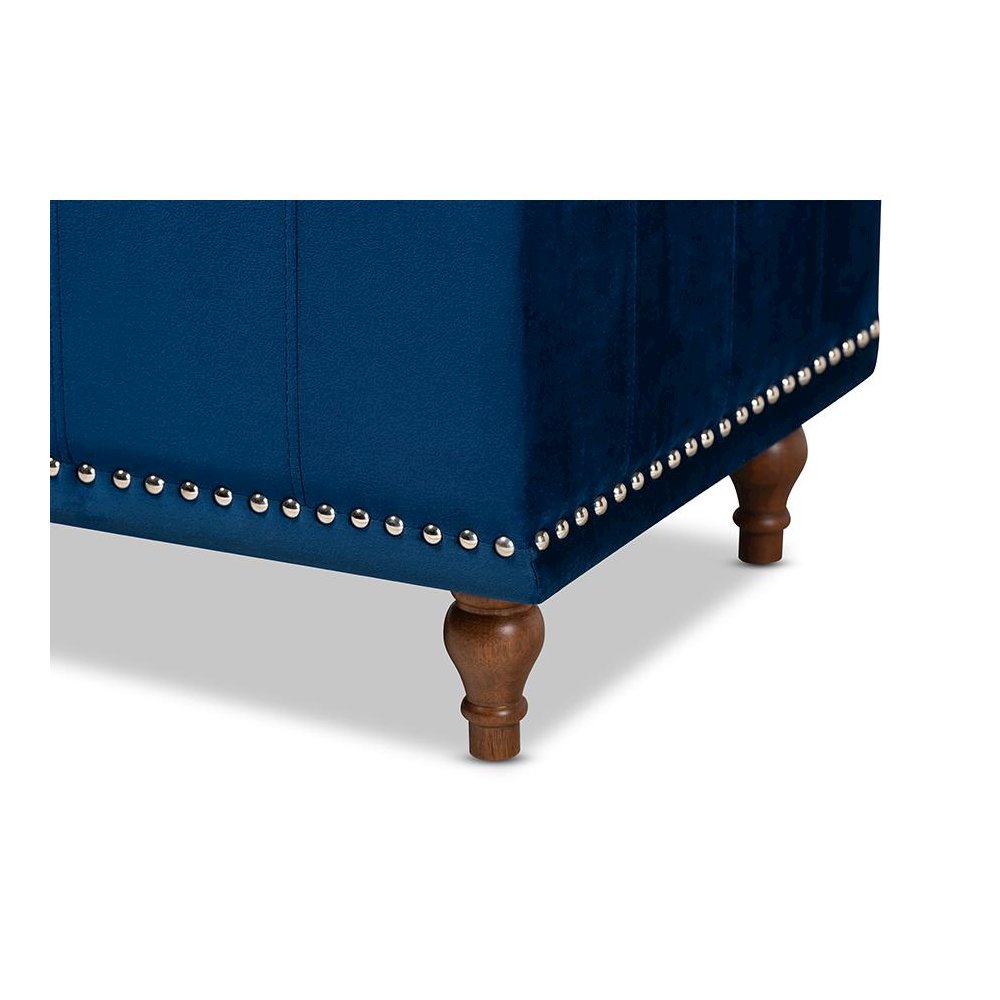 Navy Blue Velvet Fabric Upholstered Button-Tufted Storage Ottoman Bench. Picture 7