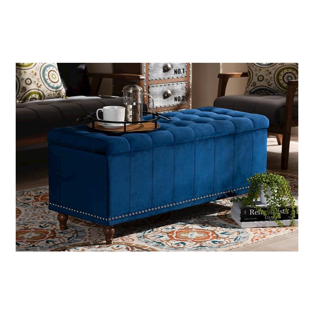 Navy Blue Velvet Fabric Upholstered Button-Tufted Storage Ottoman Bench. Picture 8