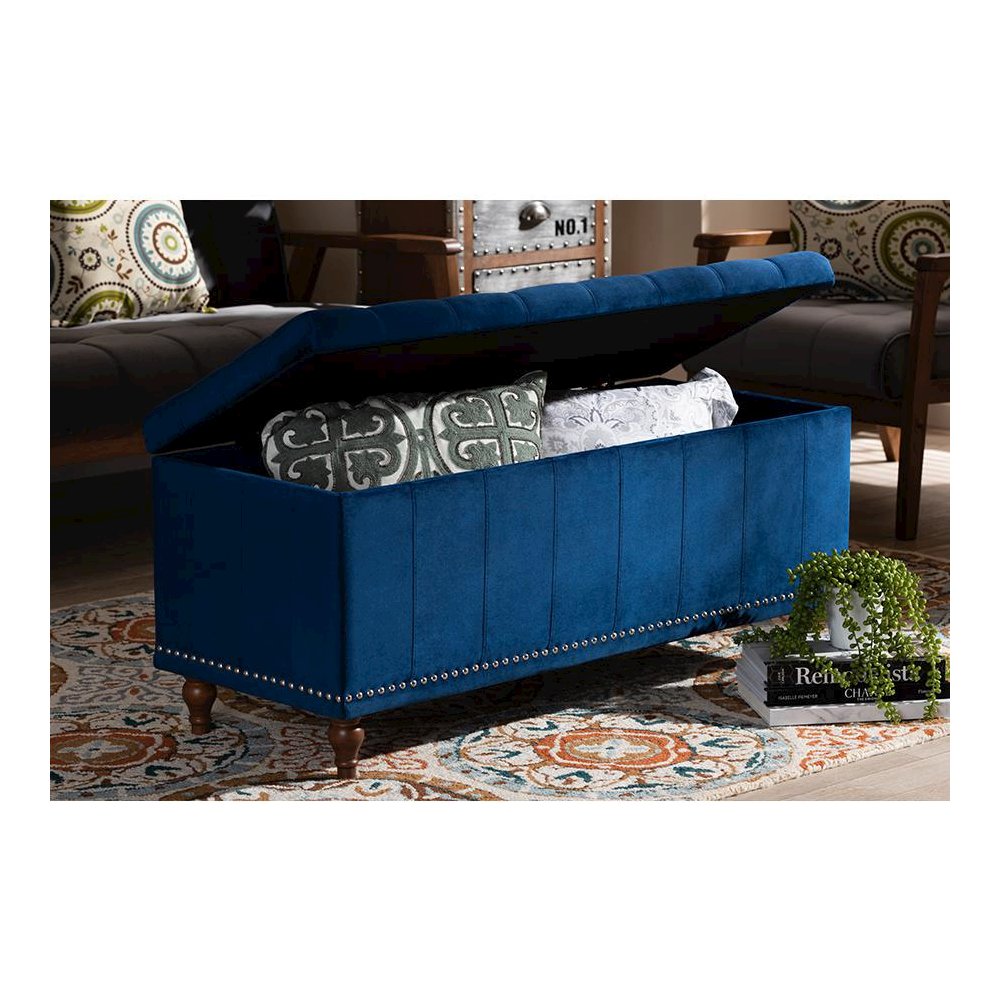 Navy Blue Velvet Fabric Upholstered Button-Tufted Storage Ottoman Bench. Picture 9