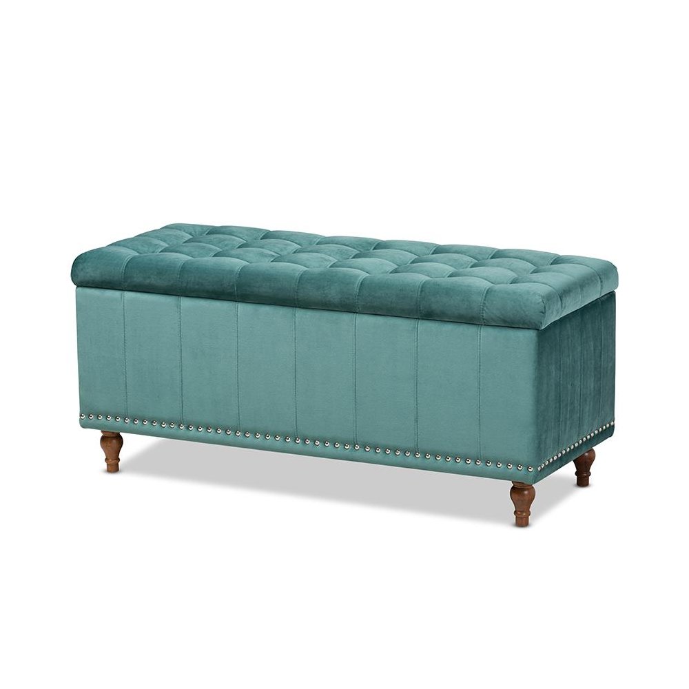 Teal Blue Velvet Fabric Upholstered Button-Tufted Storage Ottoman Bench. Picture 1