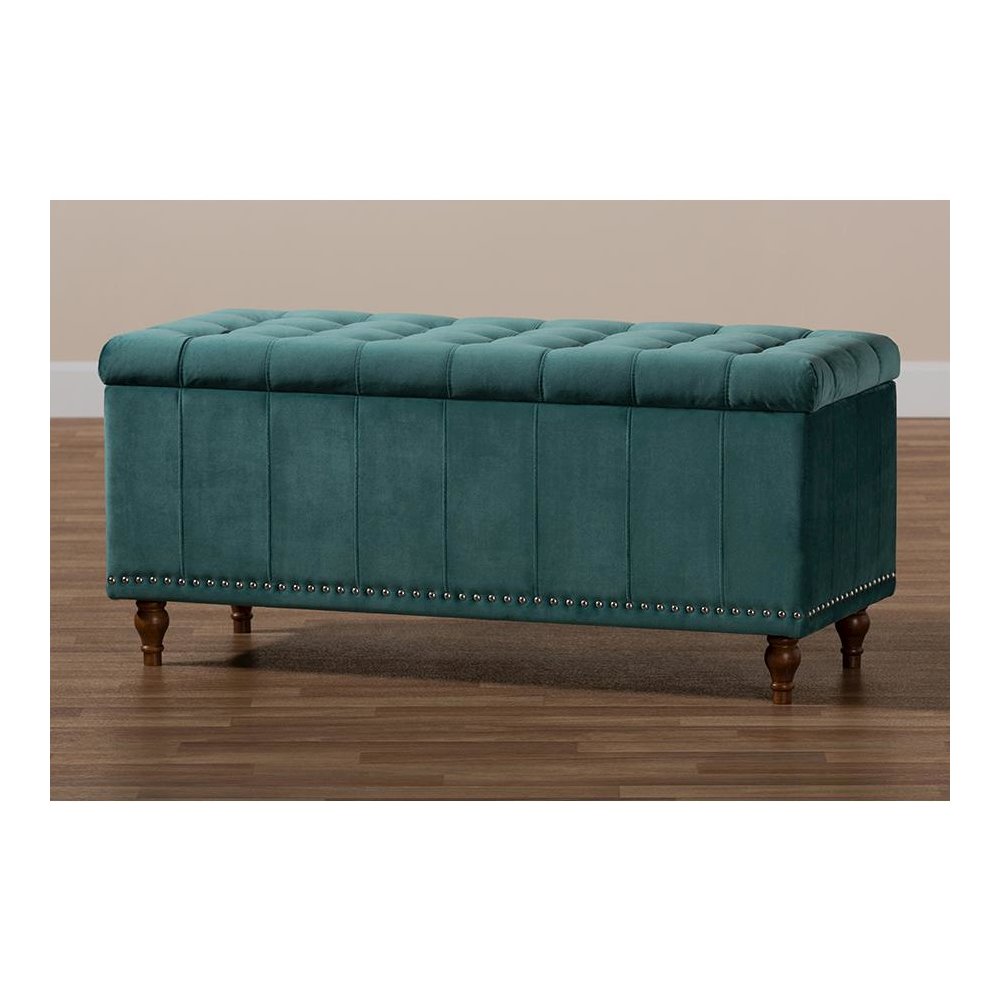 Teal Blue Velvet Fabric Upholstered Button-Tufted Storage Ottoman Bench. Picture 10