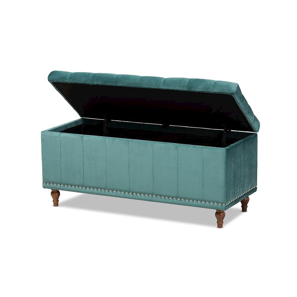 Teal Blue Velvet Fabric Upholstered Button-Tufted Storage Ottoman Bench. Picture 2