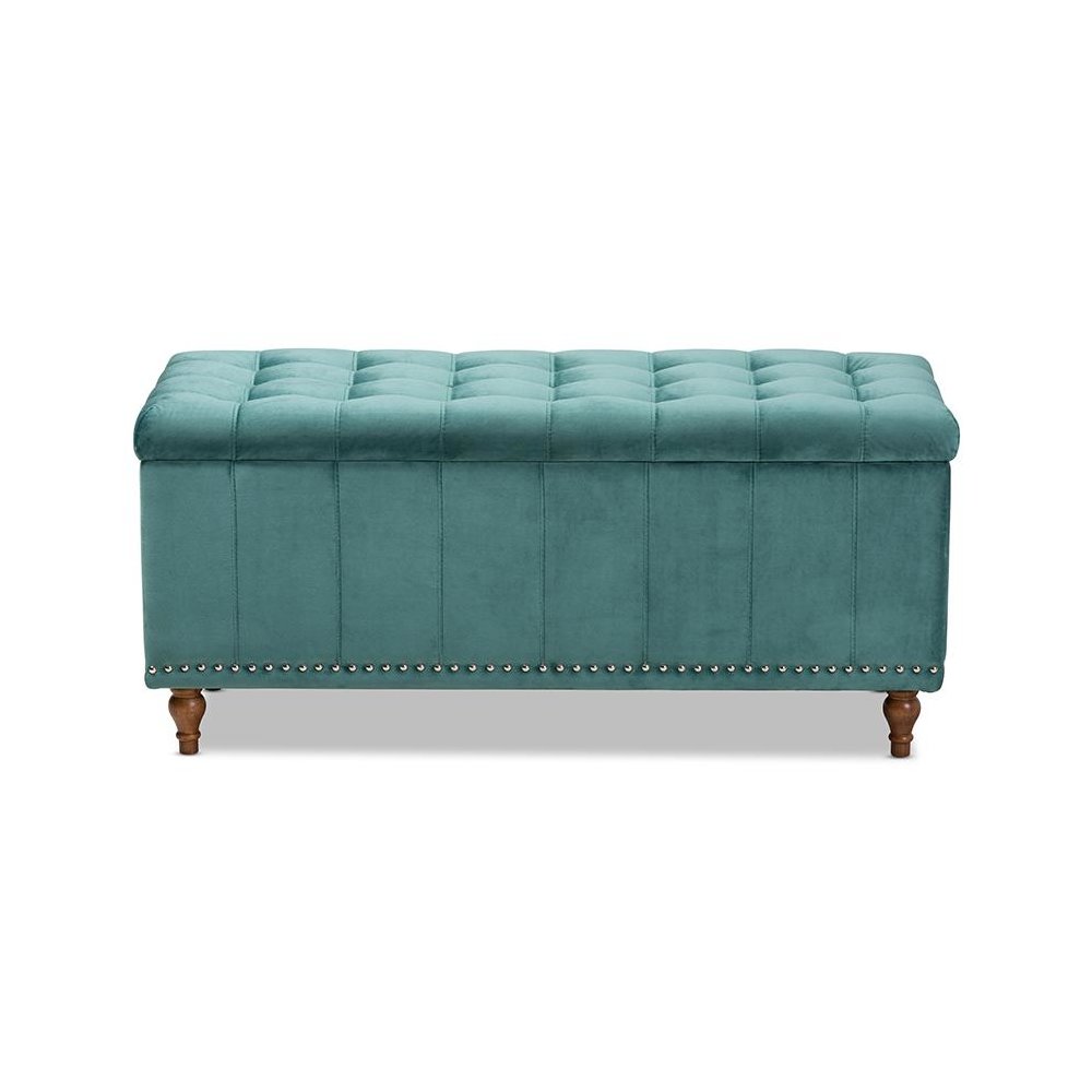 Teal Blue Velvet Fabric Upholstered Button-Tufted Storage Ottoman Bench. Picture 3