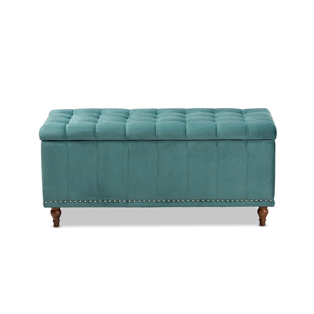 Teal Blue Velvet Fabric Upholstered Button-Tufted Storage Ottoman Bench. Picture 5