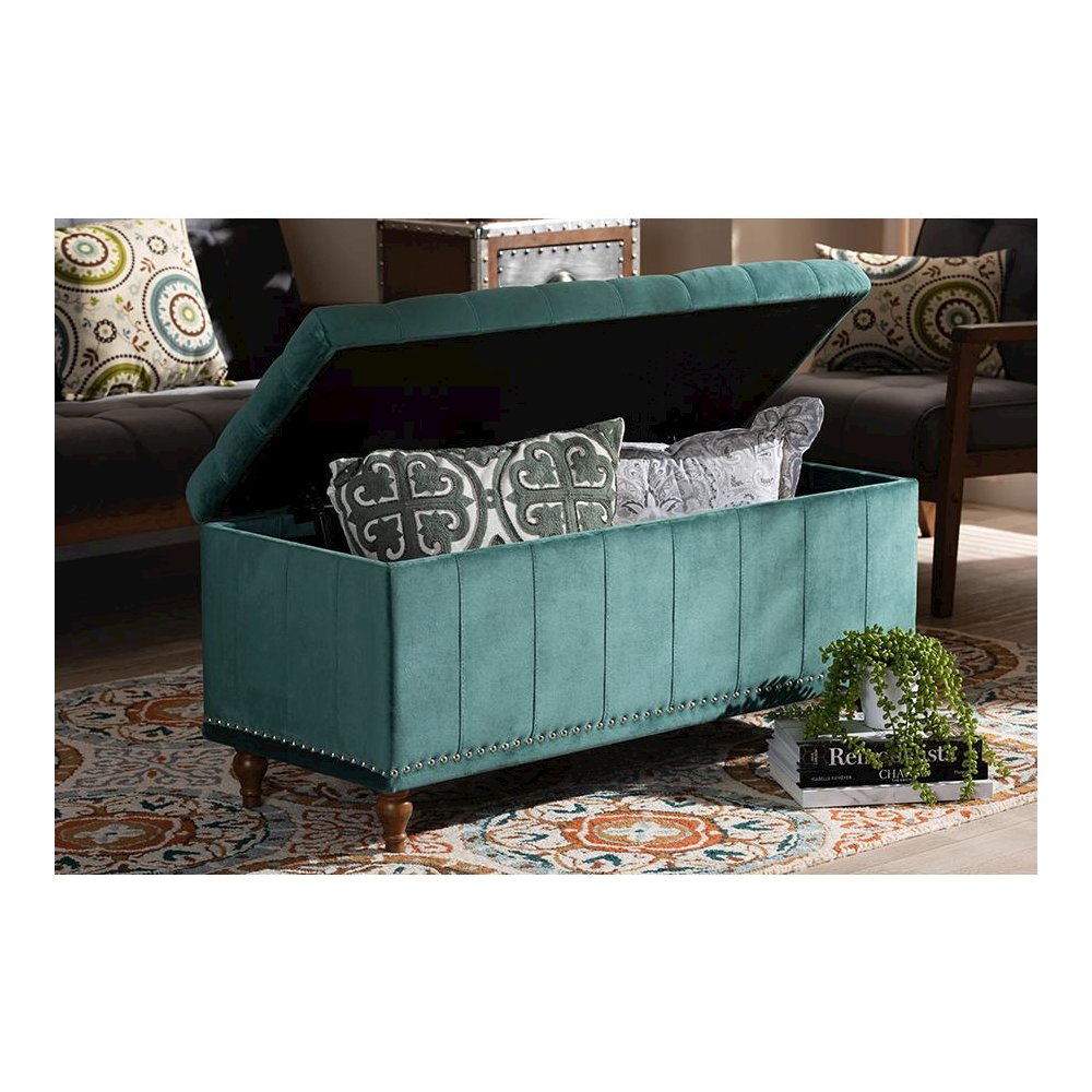 Teal Blue Velvet Fabric Upholstered Button-Tufted Storage Ottoman Bench. Picture 9