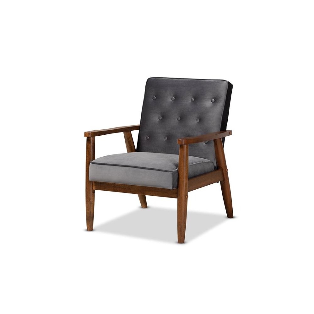 Grey Velvet Fabric Upholstered Walnut Finished Wooden Lounge Chair. Picture 1