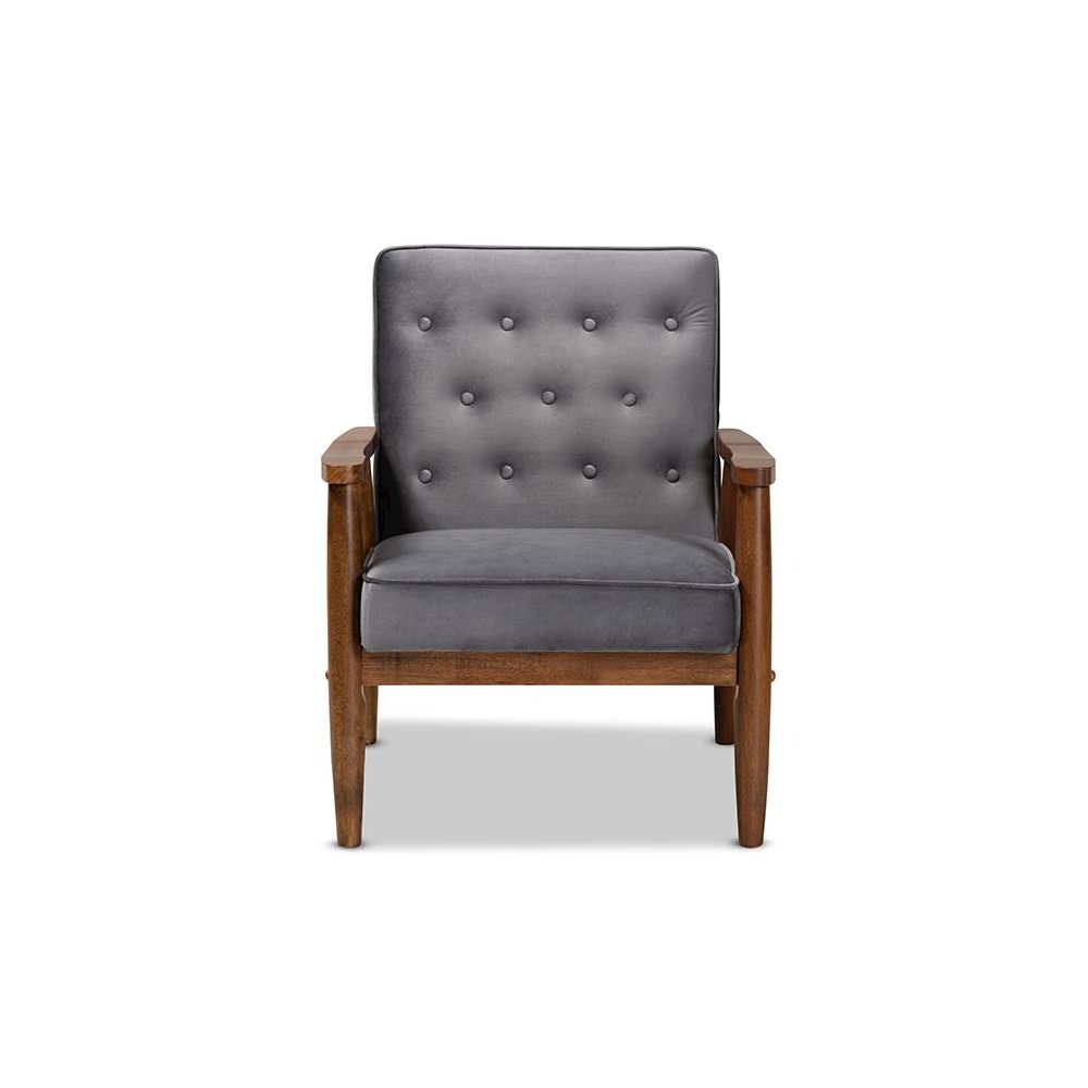 Grey Velvet Fabric Upholstered Walnut Finished Wooden Lounge Chair. Picture 2