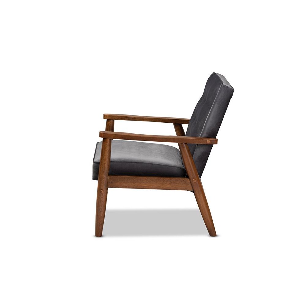 Grey Velvet Fabric Upholstered Walnut Finished Wooden Lounge Chair. Picture 3