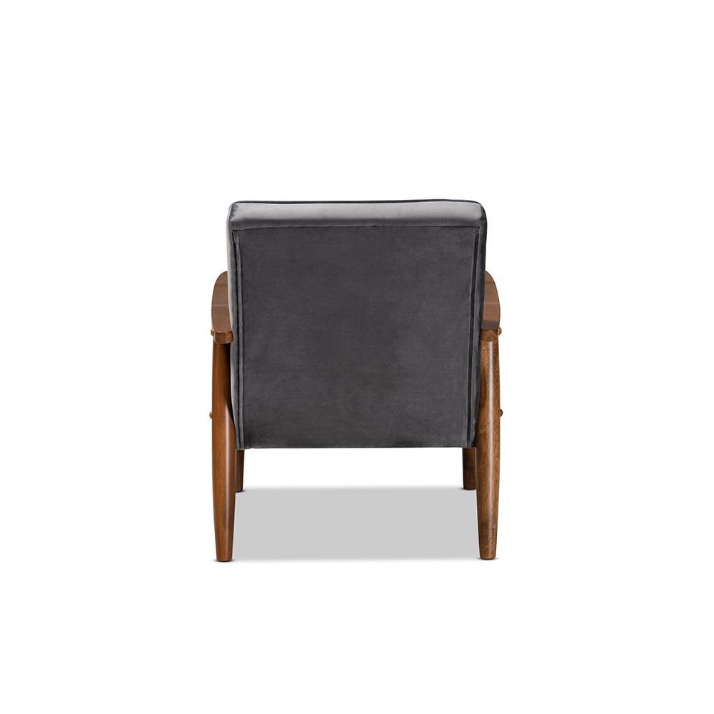Grey Velvet Fabric Upholstered Walnut Finished Wooden Lounge Chair. Picture 4