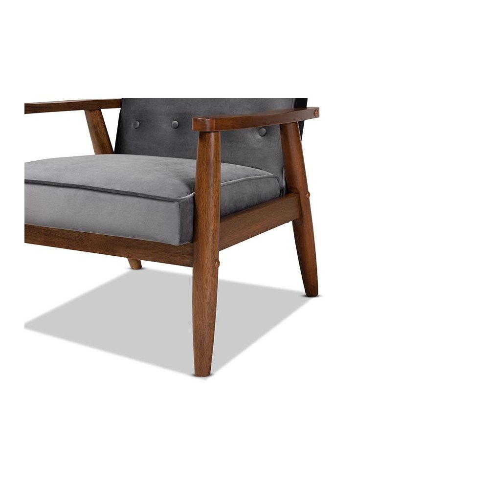 Grey Velvet Fabric Upholstered Walnut Finished Wooden Lounge Chair. Picture 6