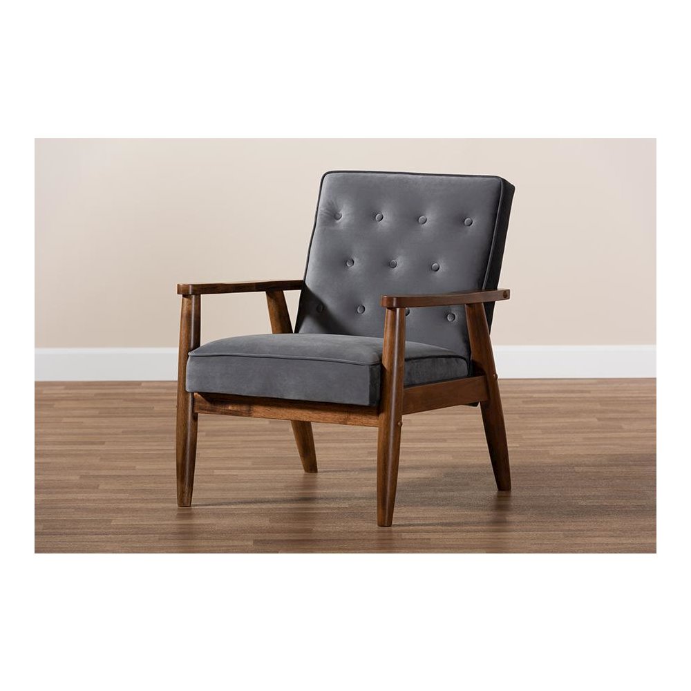 Grey Velvet Fabric Upholstered Walnut Finished Wooden Lounge Chair. Picture 8