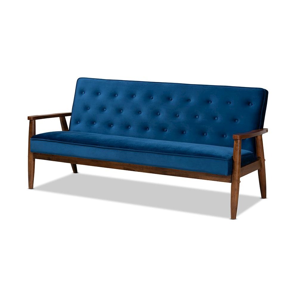 Navy Blue Velvet Fabric Upholstered Walnut Finished Wooden 3-seater Sofa. Picture 1