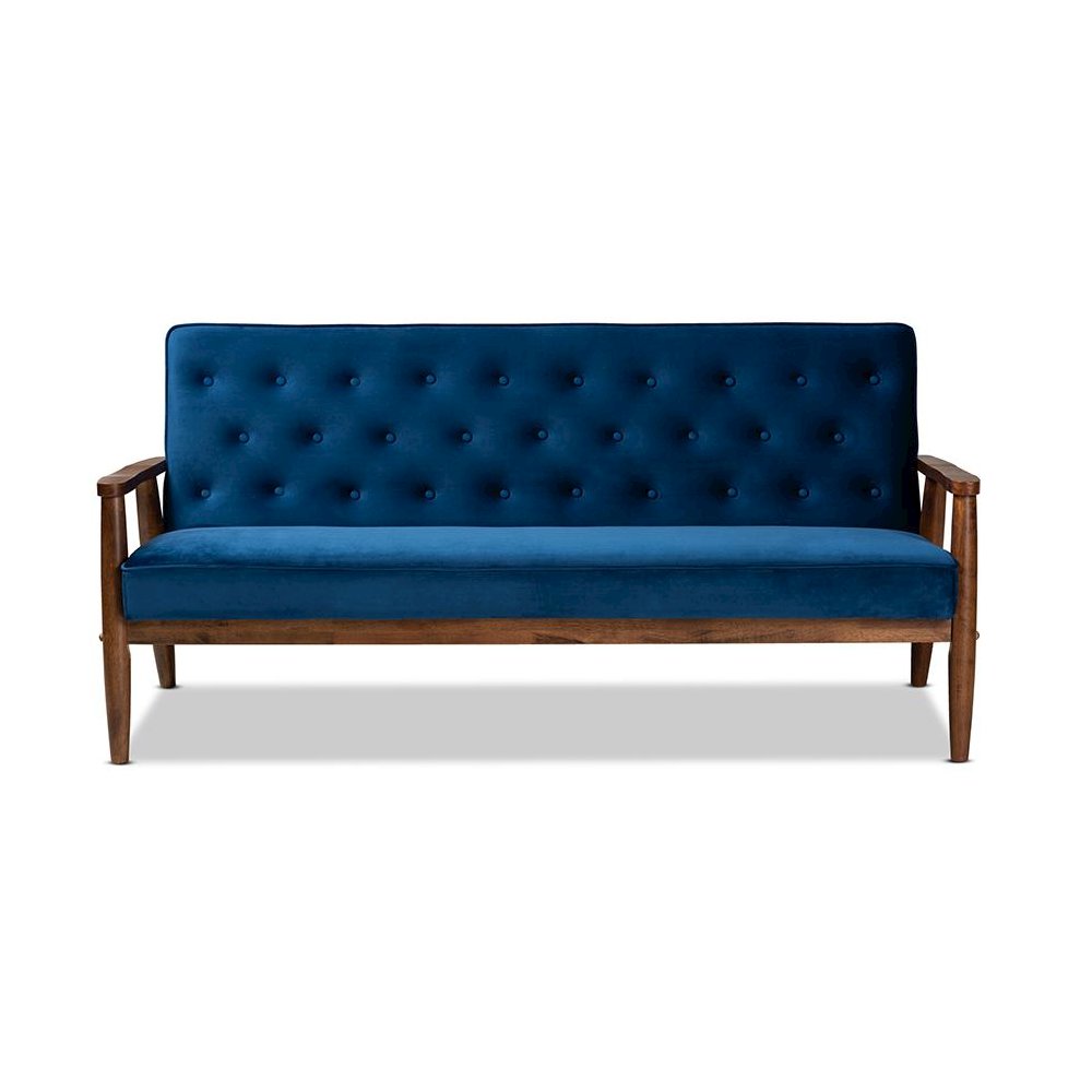 Navy Blue Velvet Fabric Upholstered Walnut Finished Wooden 3-seater Sofa. Picture 2