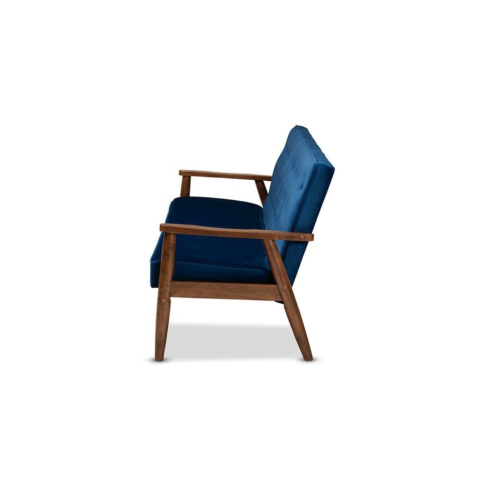 Navy Blue Velvet Fabric Upholstered Walnut Finished Wooden 3-seater Sofa. Picture 3