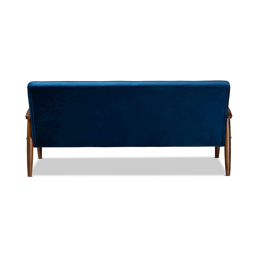 Navy Blue Velvet Fabric Upholstered Walnut Finished Wooden 3-seater Sofa. Picture 4