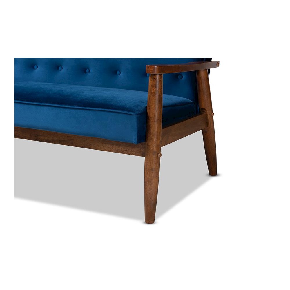 Navy Blue Velvet Fabric Upholstered Walnut Finished Wooden 3-seater Sofa. Picture 6