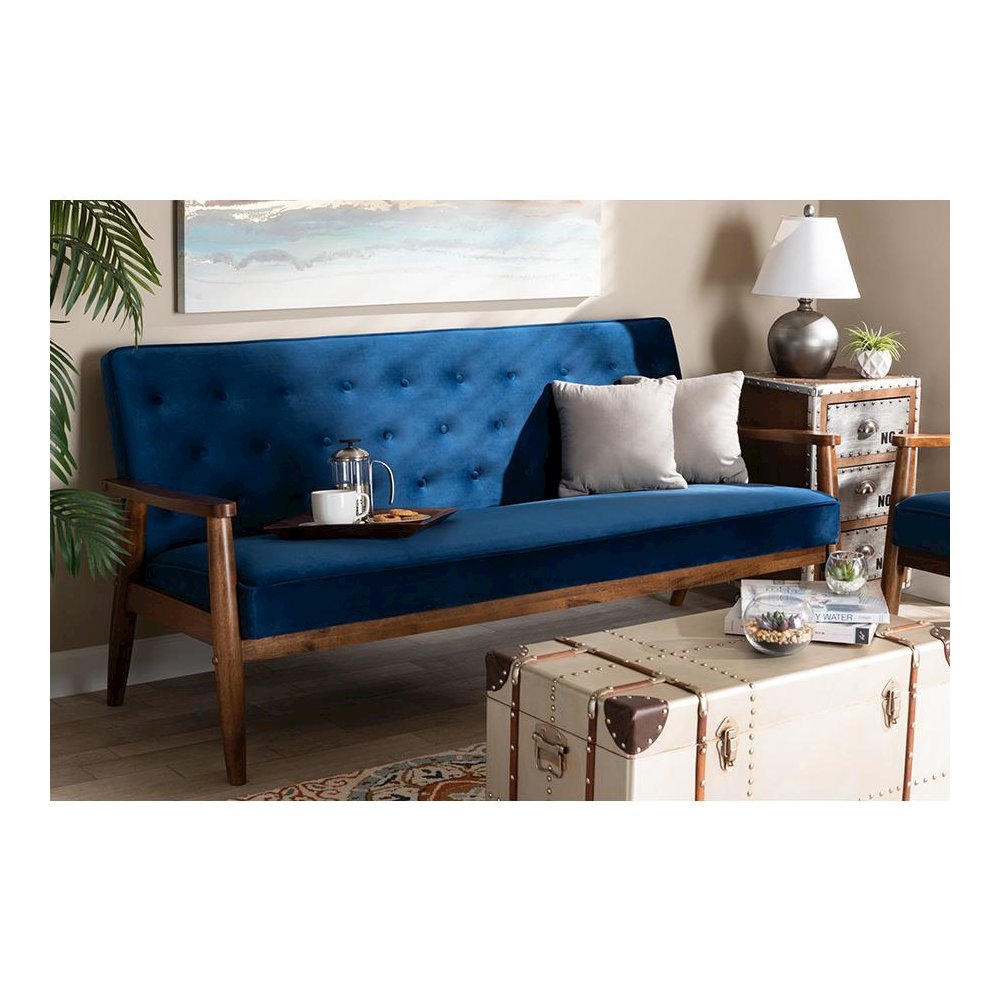 Navy Blue Velvet Fabric Upholstered Walnut Finished Wooden 3-seater Sofa. Picture 7