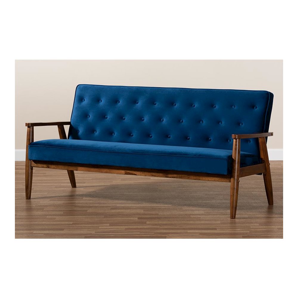 Navy Blue Velvet Fabric Upholstered Walnut Finished Wooden 3-seater Sofa. Picture 8