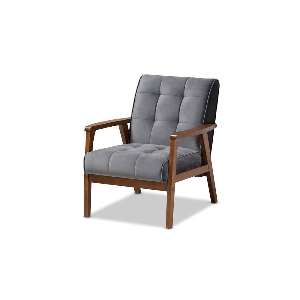 Grey Velvet Fabric Upholstered Walnut Finished Wood Armchair. Picture 1