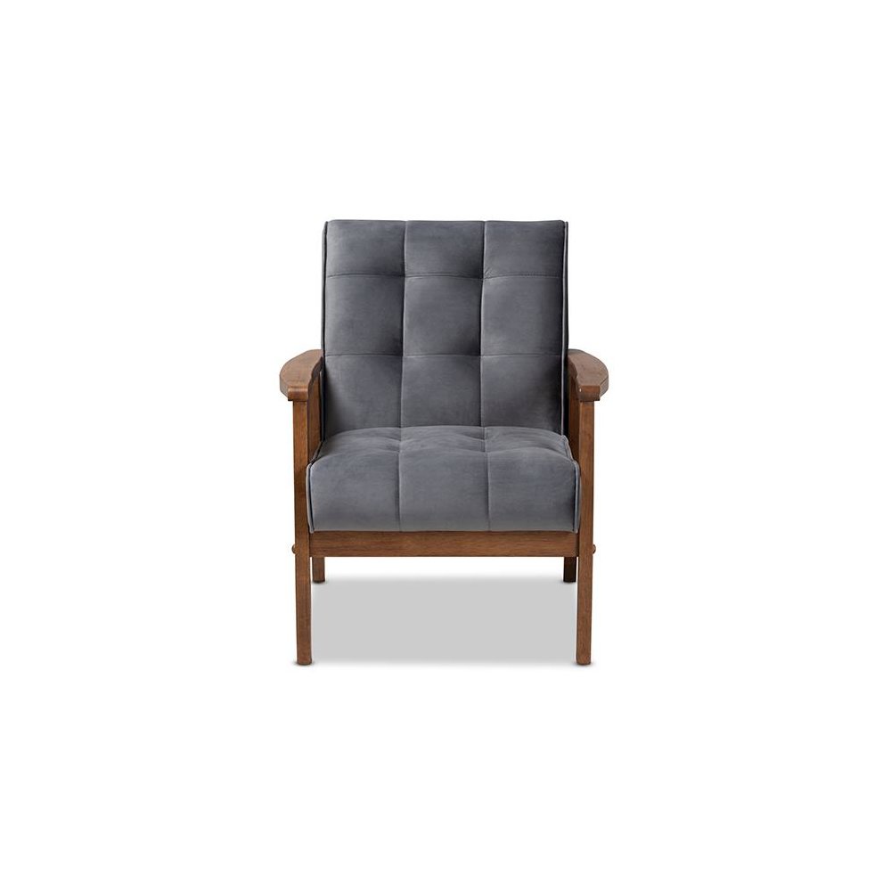 Grey Velvet Fabric Upholstered Walnut Finished Wood Armchair. Picture 2