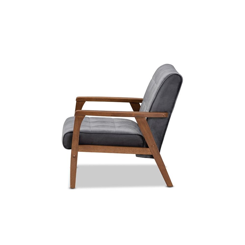Grey Velvet Fabric Upholstered Walnut Finished Wood Armchair. Picture 3