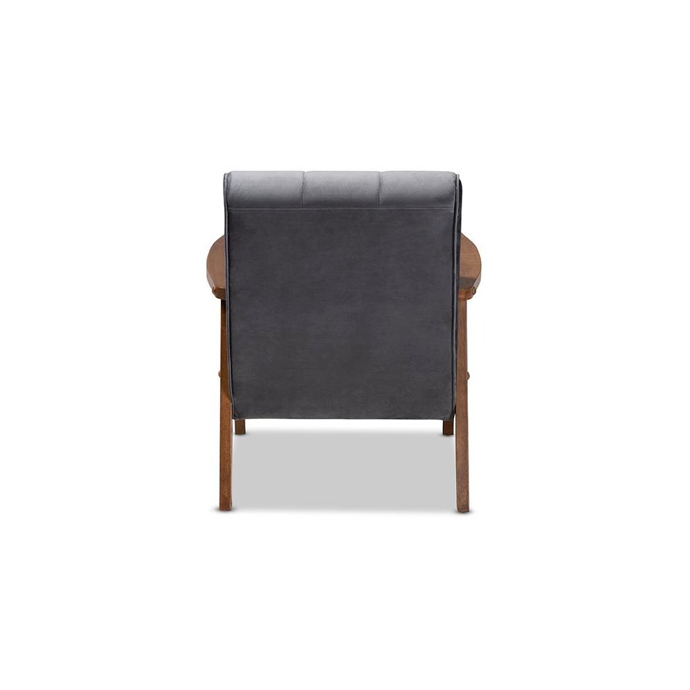Grey Velvet Fabric Upholstered Walnut Finished Wood Armchair. Picture 4
