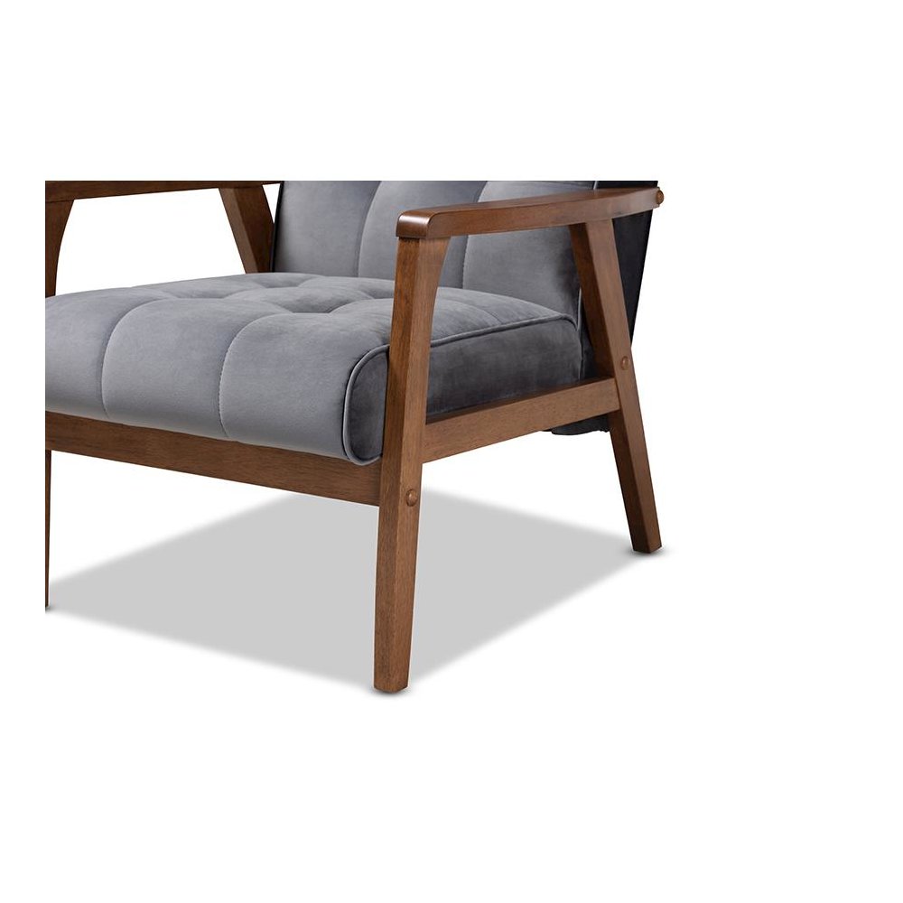 Grey Velvet Fabric Upholstered Walnut Finished Wood Armchair. Picture 6