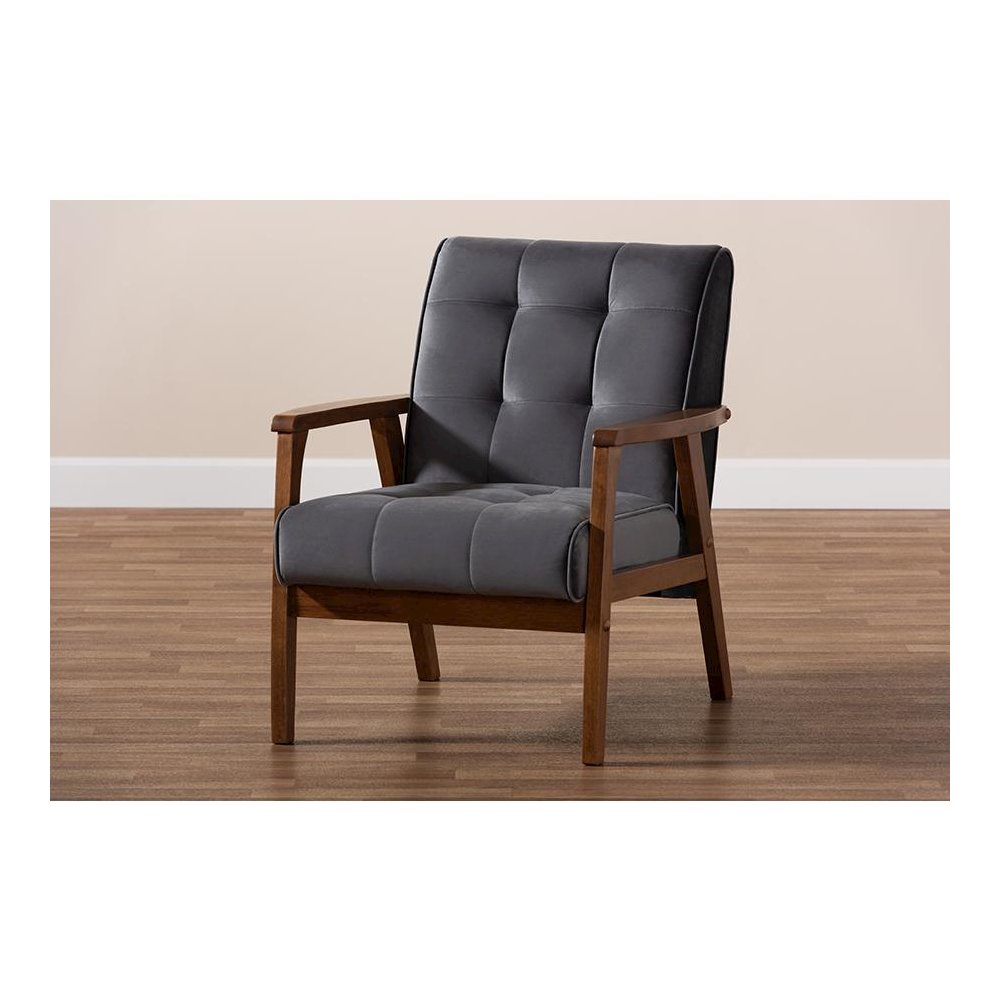Grey Velvet Fabric Upholstered Walnut Finished Wood Armchair. Picture 8