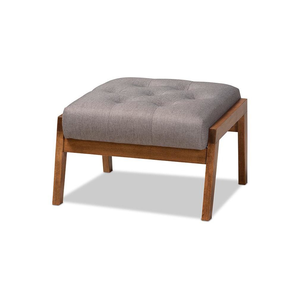 Naeva Mid-Century Modern Grey Fabric Upholstered Walnut Finished Wood Footstool. Picture 1