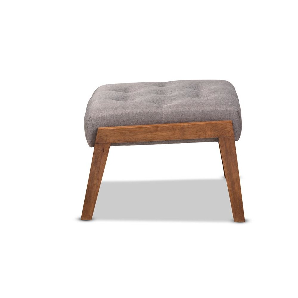 Naeva Mid-Century Modern Grey Fabric Upholstered Walnut Finished Wood Footstool. Picture 3