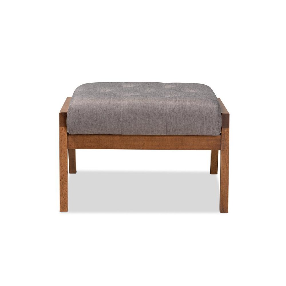 Naeva Mid-Century Modern Grey Fabric Upholstered Walnut Finished Wood Footstool. Picture 4