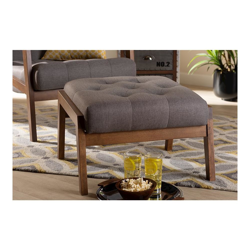 Naeva Mid-Century Modern Grey Fabric Upholstered Walnut Finished Wood Footstool. Picture 7